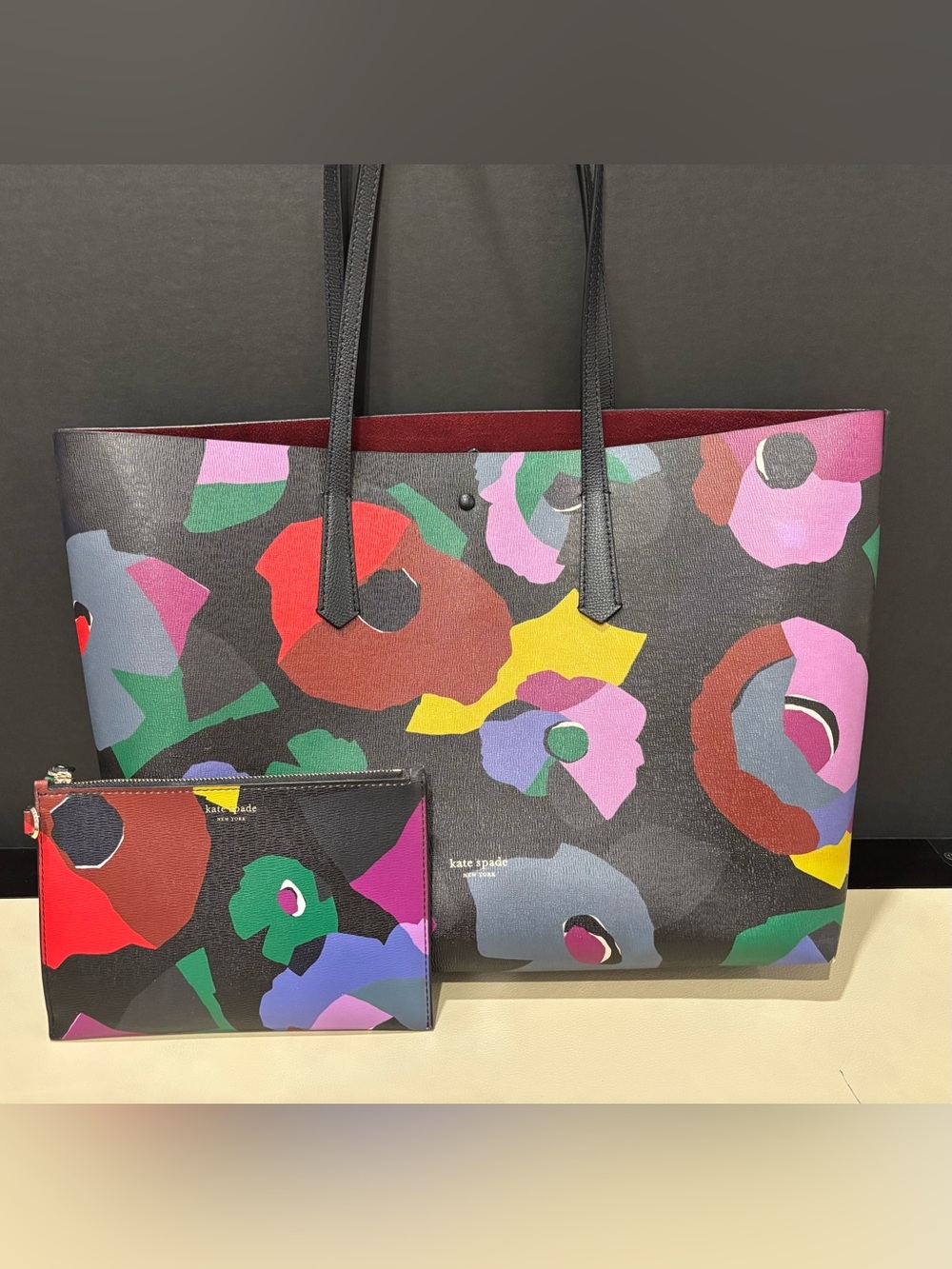 kate spade Tote, Black Multicolor Floral with Matching Pouch, Work Laptop Travel